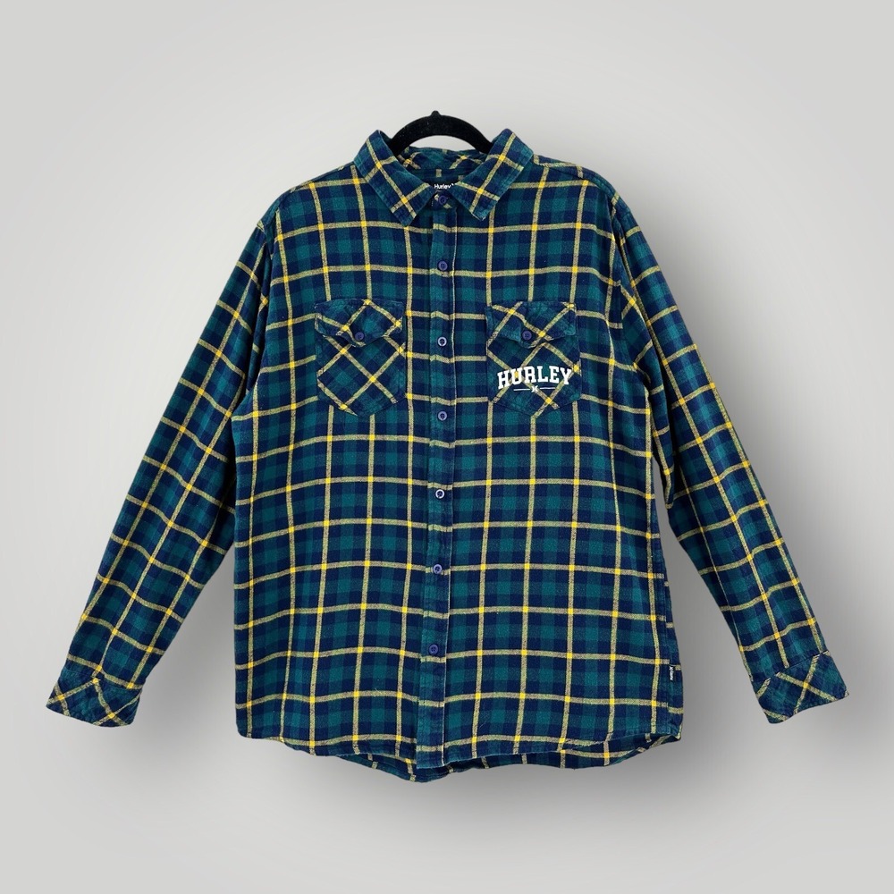 Hurley‎ Flannel Shirt Mens Size M Blue Green Plaid Long Sleeve Button Up Casual